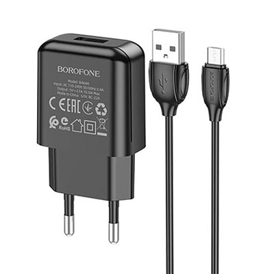 Адаптер Сетевой с кабелем Borofone BA64A USB 2,1A/5W (USB/Micro USB) (black)