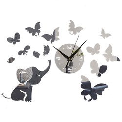 Часы-наклейка, серия: DIY, "Слоник, бабочки", d-10 см, композиция 30 х 55 см, 1 ААА, серебро