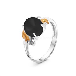 Кольцо из золочёного и родированного серебра с чёрным агатом и фианитами