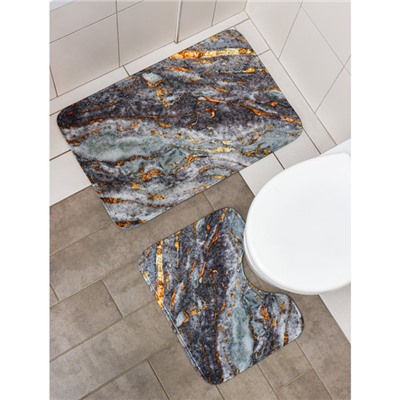 Набор ковриков для ванной и туалета Доляна «Мрамор», 2 шт, 79×50 см, 50×39 см, цвет серый