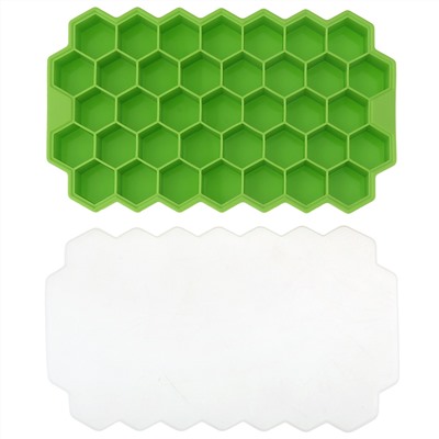 Форма силиконовая для льда (мармелада) "Соты - 37 штук" 20х11,7см h2,2см, с силиконовой крышкой, цвет - зеленый, в п/эт пакете (Китай)