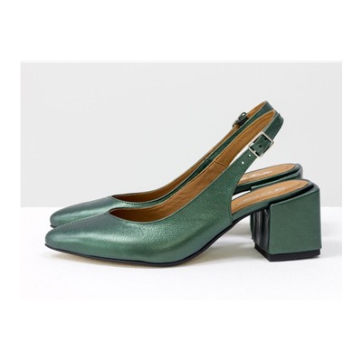 Изящные туфли Слингбэки из натуральной кожи зеленого цвета, с удлиненным носиком, на невысоком квадратном каблуке, С-1909-14