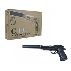 Airsoft Gun. Пистолет металл. с глушителем C19+ (пульки,глушитель,инстр) ((фикс.цена) арт.ПК01642