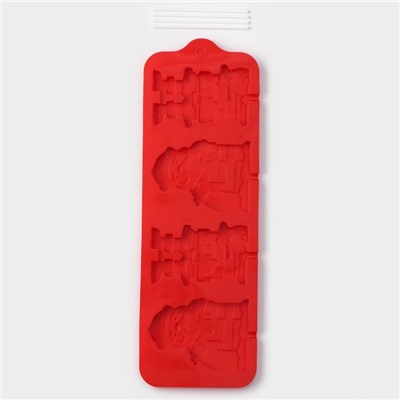 Форма для украшений Доляна «Дед Мороз», силикон, 36×12 см, 4 ячейки, с палочками, цвет МИКС