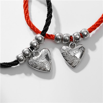 Набор 3 предмета: 2 браслета, блеск для губ «Неразлучники» сердечки, цвет чёрно-красный, 6 см