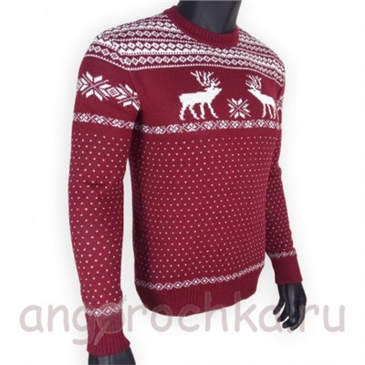 Бордовый шерстяной свитер с белым рисунком - оленями - 120.7