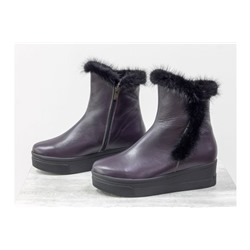 Классические высокие ботинки женские из натуральной кожи фиолетового цвета со вставкой из натуральной норки, на удобной не высокой танкетке, Коллекция Осень-Зима, Б-17123-03