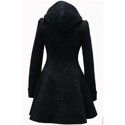 Зимнее шерстяное расклешенное пальто с капюшоном, черное с узором. Арт. 510у