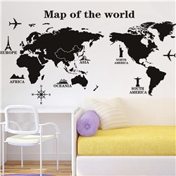Наклейка "Карта мира" черно-белая виниловая самоклеящаяся