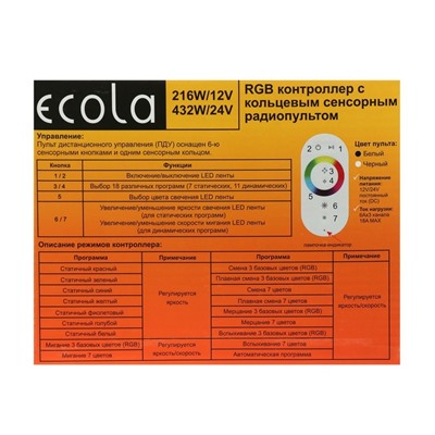Контроллер Ecola для RGB ленты, 12 – 24 В, 18 А, пульт ДУ, белый