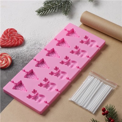 Форма для украшений Доляна «Новый год», силикон, 25×10,5×1 см, 12 ячеек, с палочками, цвет розовый