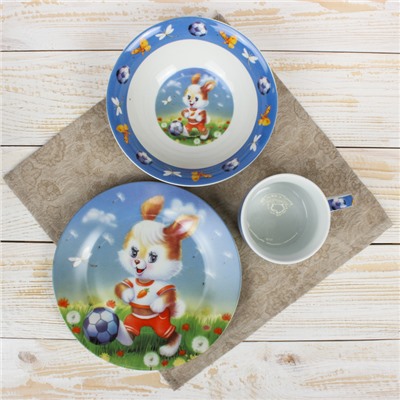 Набор детской посуды «Заяц футболист», 3 предмета: кружка 230 мл, миска 400 мл, тарелка 18 см