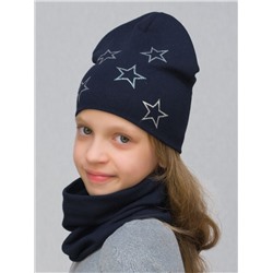 Комплект для девочки шапка+снуд Звезды серебряные (Цвет синий), размер 50-52; 52-54,  хлопок 95%
