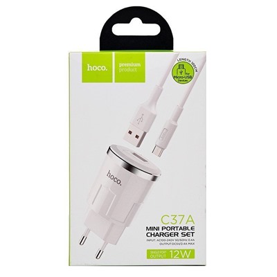 Адаптер Сетевой с кабелем Hoco C37A USB 2,4A/10W (USB/Micro USB) (white)