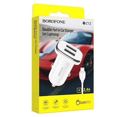 Адаптер Автомобильный с кабелем Borofone BZ12 Lasting 2USB/5V/2.4A +Lightning (white)