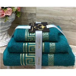 Комплект махровых полотенец с вышивкой Греция бирюзовый (упаковка 3шт)