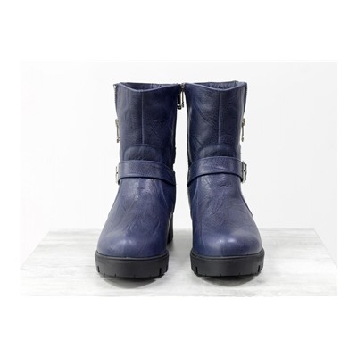 Ботинки из натуральной матовой кожи синего цвета с текстурой "жатка", на удобной подошве с глубоким протектором, Коллекция Осень-Зима, Б-450-12