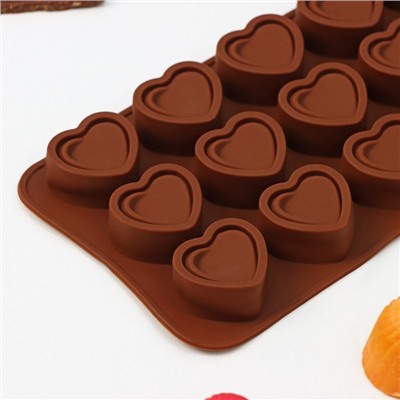 Форма для шоколада Доляна «Сладкое сердце», силикон, 21×10×1,5 см, 15 ячеек (2,9×2,7 см), цвет коричневый