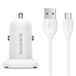 Адаптер Автомобильный с кабелем Borofone BZ12 Lasting 2USB/5V/2.4A +Micro USB (white)