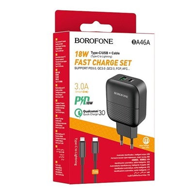 Адаптер Сетевой Borofone BA46A Premium PD QC3.0 USB/Type-C 3A/18W (black)