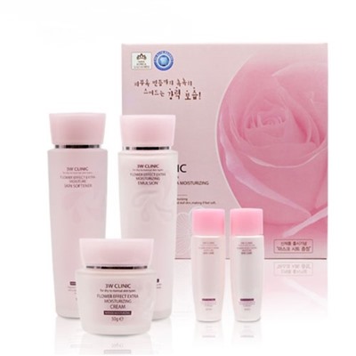 Набор для лица 3W Clinic Flower Effect Extra Moisturizing, 5 предметов: тонер 150 мл и 30 мл, эмульсия 150 мл и 30 мл, крем 50 г