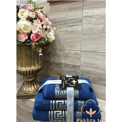 Комплект махровых полотенец с вышивкой Греция синий (упаковка 3шт)