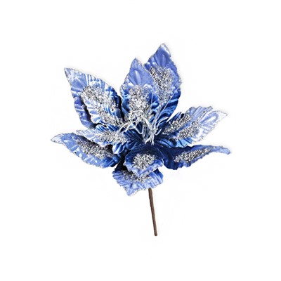 Пуансеттия голубая бархатная с серебряным бисером BDF115B