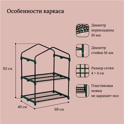 Парник-стеллаж, 2 полки, 93 × 69 × 49 см, металлический каркас d = 16 мм, чехол плёнка 80 мкм, Greengo