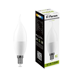 Лампа светодиодная FERON, (11W) 230V E14 4000K на ветру С37T, LB-770