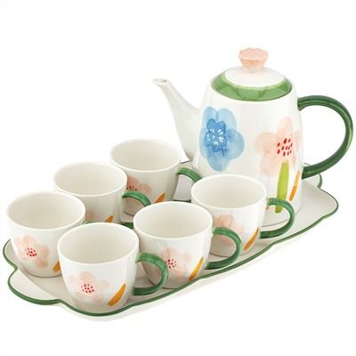 "Лето" Чайный сервиз фарфоровый 8 предметов: чайник заварочный 1,35л, д13см h19см с деколью, чашка 220мл, д8см h6,8см, с деколью - 6 штук, поднос с ручками 43,8х22,7х2,5см, в подарочной коробке (Китай)