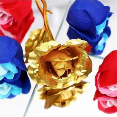Мыльные розочки цветных оттенков и золотая роза, набор 11 шт