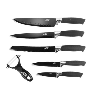 Набор кухонных ножей, 5 ножей и овощечистка черный