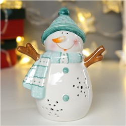 Сувенир керамика свет "Снеговик в бирюзовой шапке с  бомбошкой" 13х7,3х10,3 см