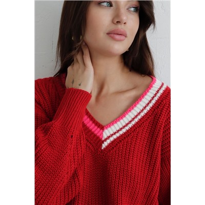 10024 Пуловер крупной вязки красный