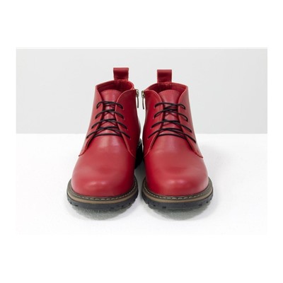 Женские ботинки на шнуровке из натуральной кожи ярко-красного цвета, на утолщенной подошве, Б-152-19