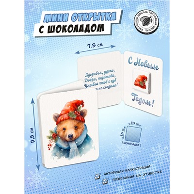 Мини открытка, МИШКА В ШАПКЕ, молочный шоколад, 5 г, TM Chokocat