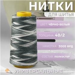 Нитки мультиколор 40/2, 3000 ярд, цвет чёрно-белый