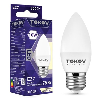 Лампа светодиодная TOKOV ELECTRIC, 10 Вт, С37, 3000 К, Е27, 176-264В