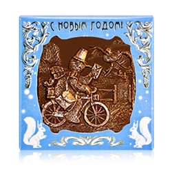 Шоколад барельефный элитный Снеговик на велосипеде (квадрат 60 мм.)