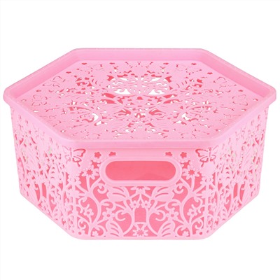 "Домашняя мода" Корзина-ящик пластмассовая для хранения "Бабочки" 25,5х22,5см h10,5см, матовый пластик, с крышкой, с ручками, розовый (Китай)