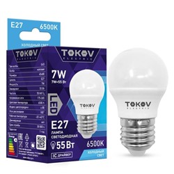 Лампа светодиодная TOKOV ELECTRIC, 7 Вт, G45, 6500 К, Е27, 176-264В