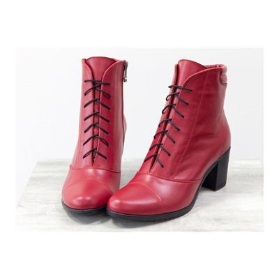 Ботинки со шнуровкой на устойчивом каблучке из натуральной гладкой кожи красного цвета, Коллекция Осень-Зима,  Б-157-16