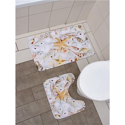 Набор ковриков для ванной и туалета Доляна «Ракушки», 2 шт, 45×36 см, 75×44 см