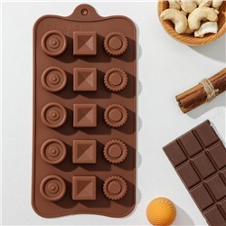 Форма для шоколада Доляна «Кружочки, квадратики», силикон, 21,5×10,4×1,5 см, 15 ячеек, цвет МИКС