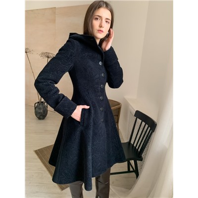 Зимнее шерстяное расклешенное пальто с капюшоном, черное с узором. Арт. 510у