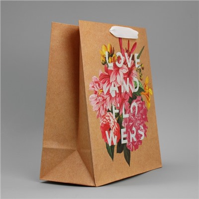 Пакет крафтовый вертикальный «Love and flowers», 23 х 27 х 11,5 см
