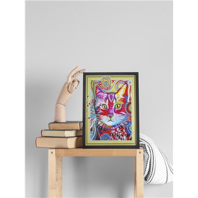 Алмазная картина на пенокартоне с фигурными стразами Кот в одуванчиках 30х40