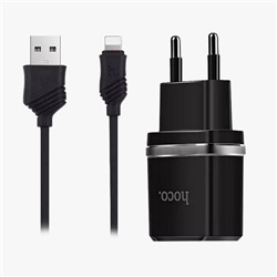 Адаптер Сетевой с кабелем Hoco C12 2USB 2,4A/10W (USB/Lightning) (black)