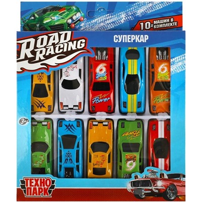 Технопарк. Набор металл машин "Road Racing Суперкар" 7,5 см. 10 шт. в ассорт. арт.RR-SET-119-R