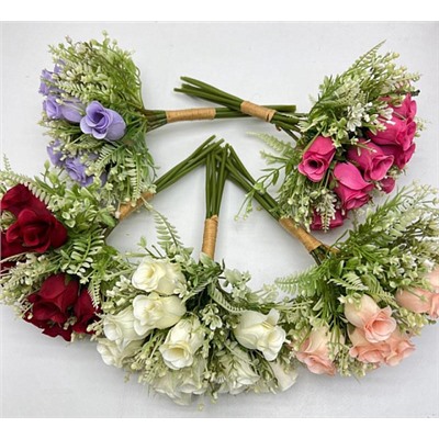 Цветы искусственные декоративные Букет роз 7 отдельных веток 14 цветков + зелень 30 см